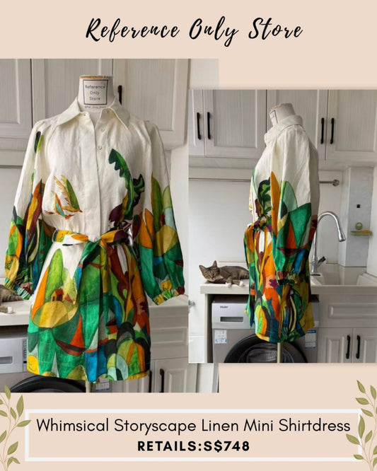 AM Whimsical storyscape linen mini shirt dress