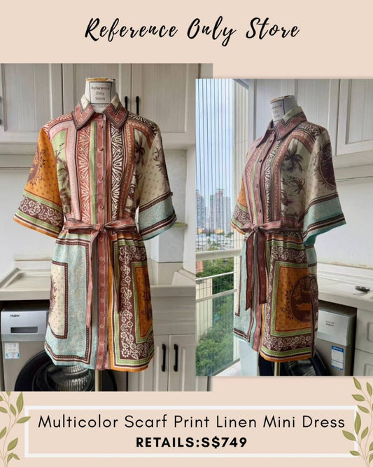 AM Scarf print multicolor belted linen mini dress