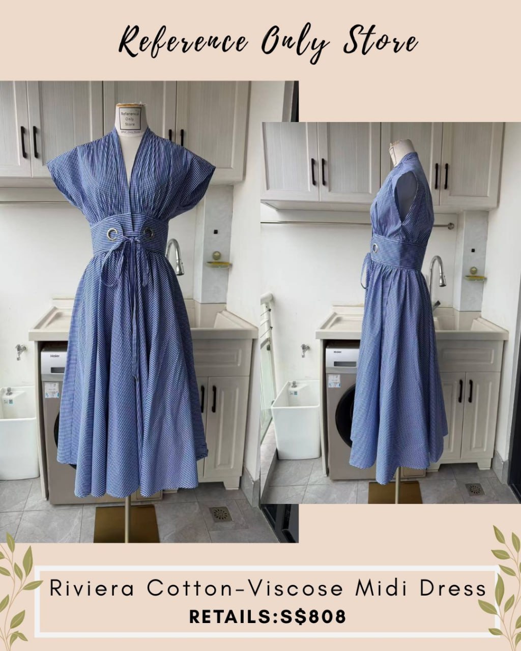 ALX Riviera cotton viscose gingham blue midi dress