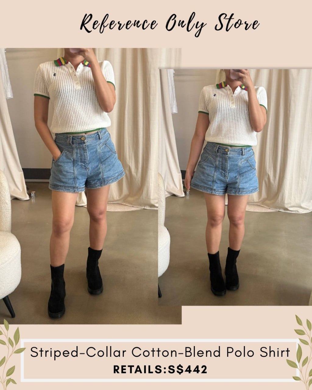RL Striped collar pointelle polo shirt top