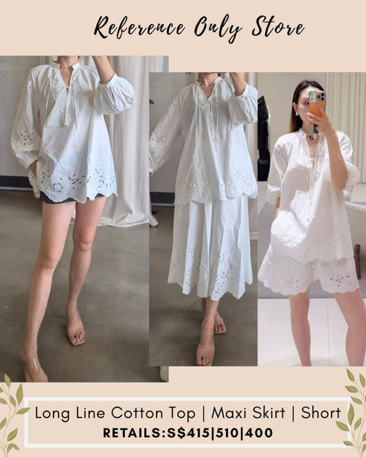 SE X EDI Long line cotton embroidery white blouse top , shorts and midi skirt