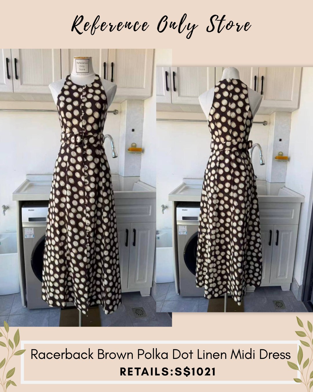 AM Racerback brown polka dot linen midi dress