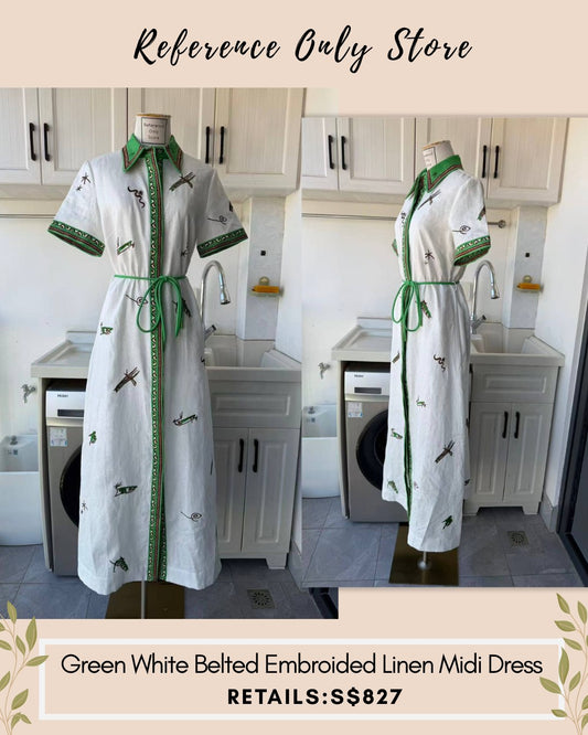AM Green white embroidered linen midi dress