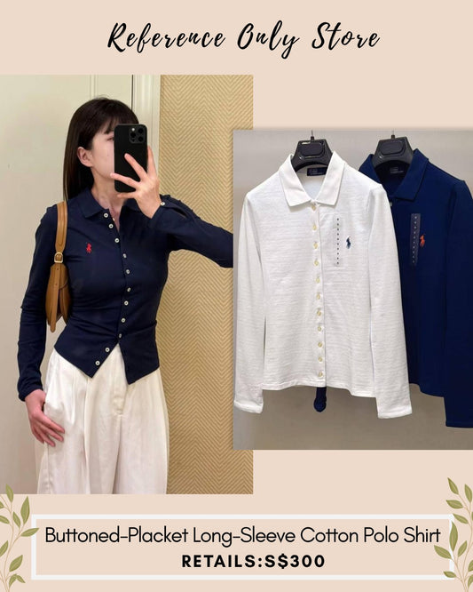 rl Buttoned placket long sleeve cotton polo shirt