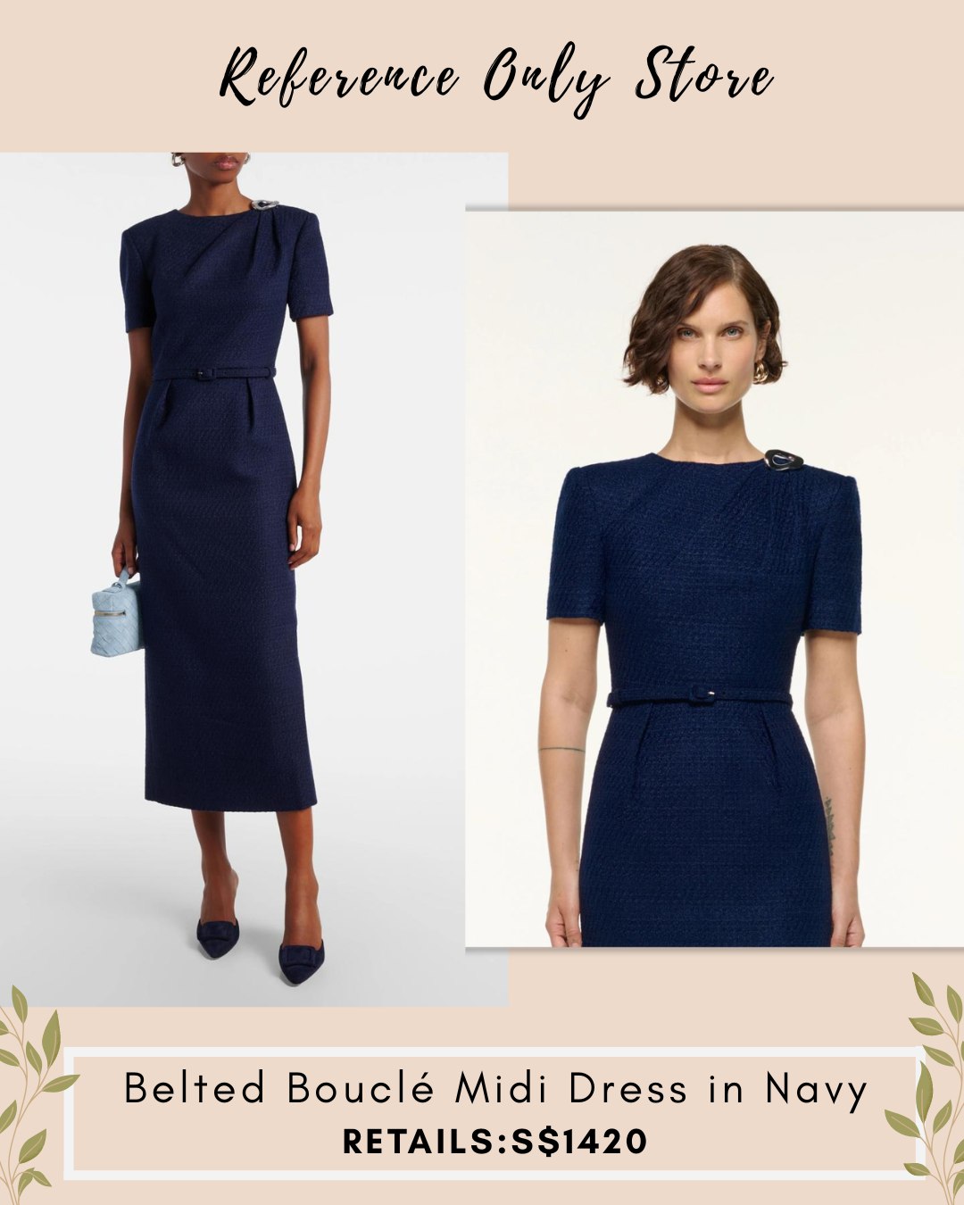 RM belted boucle midi dress in navy