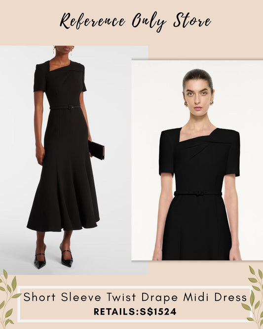 RM Black short sleeve twist drape midi dress