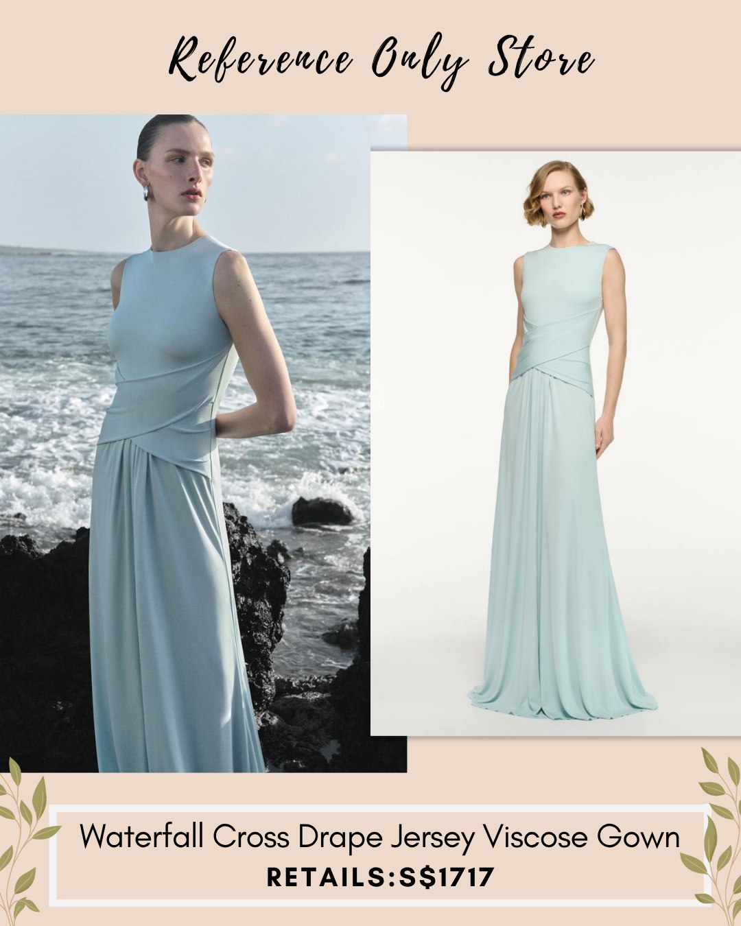 RM Waterfall blue cross drape jersey viscose maxi gown dress