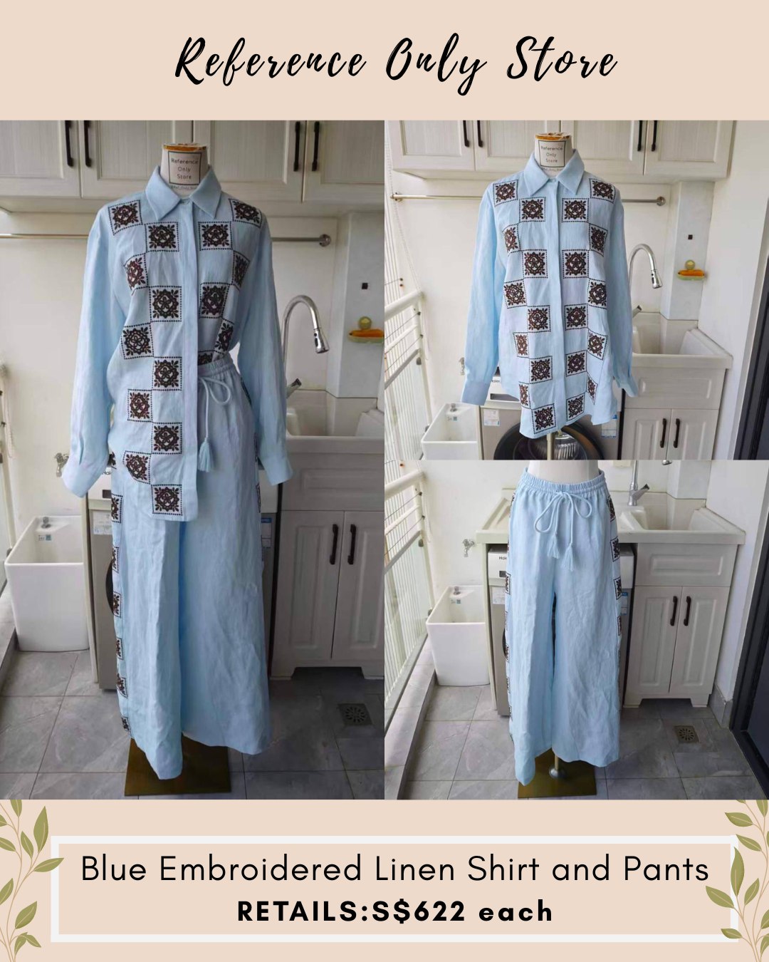 AM Blue embroidered linen shirt and pants
