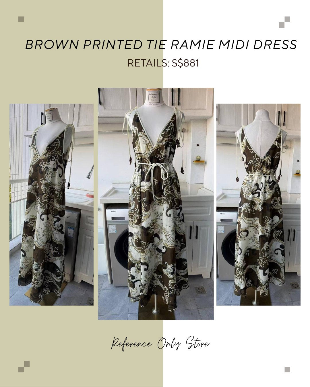 AM Brown printed tie ramie midi dress