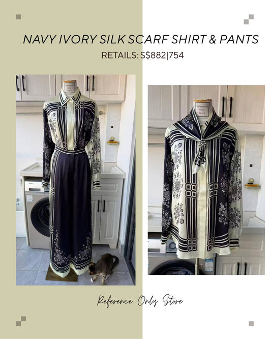 AM Navy Ivory silk scarf shirt and pants