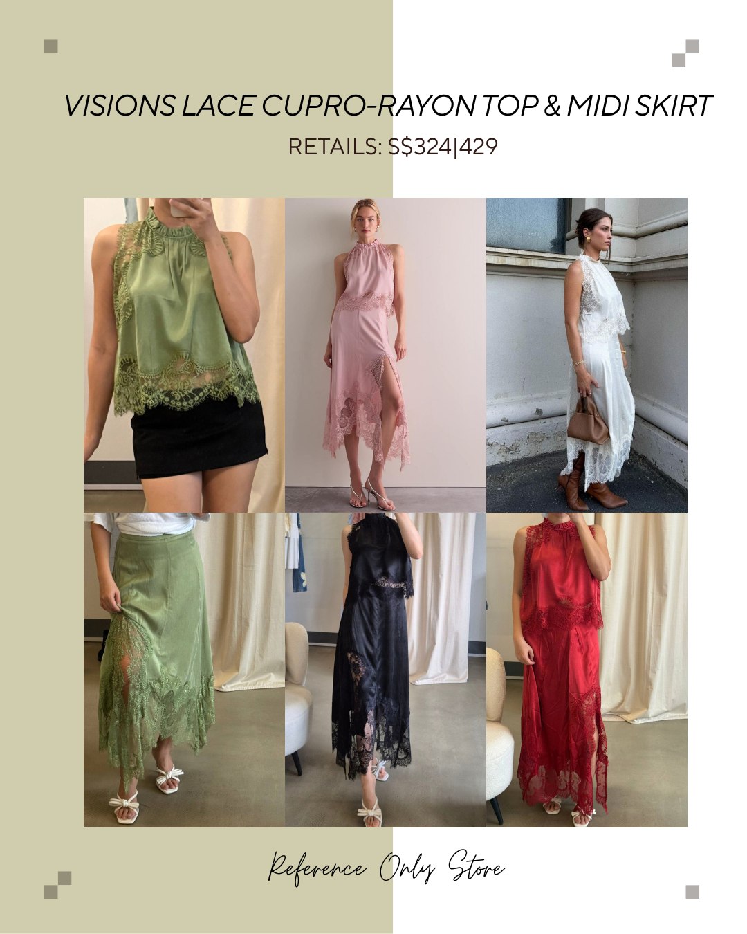 Visions lace rayon cupro rayon top and midi skirt