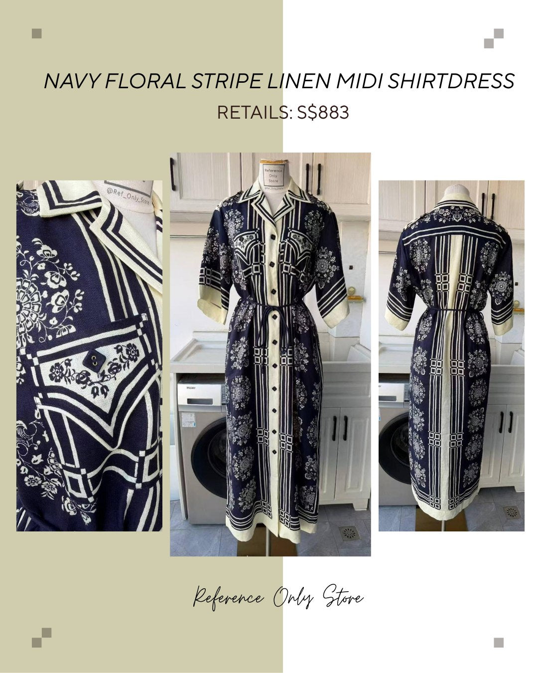AM Navy floral stripe linen midi shirt dress