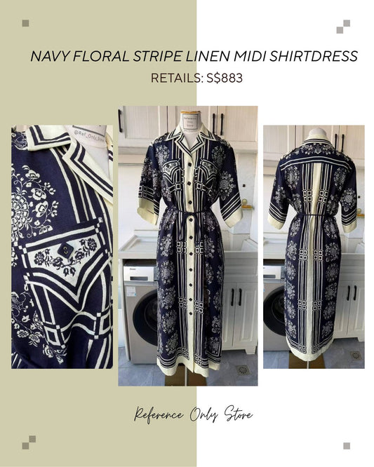 AM Navy floral stripe linen midi shirt dress