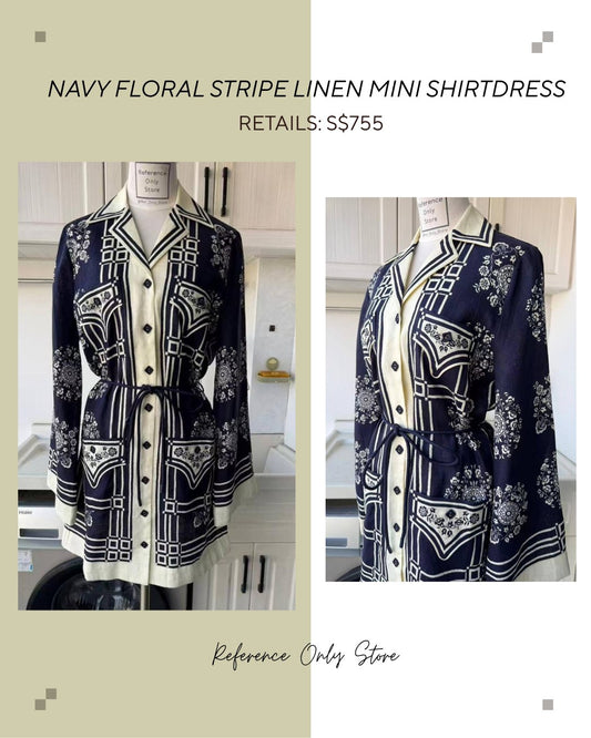 AM Navy floral stripe linen mini shirt dress