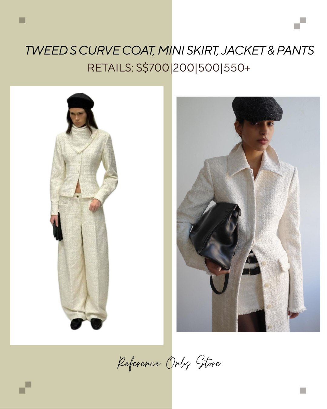 HS Tweed Curve coat, mini skirt , shorts, jacket and pants