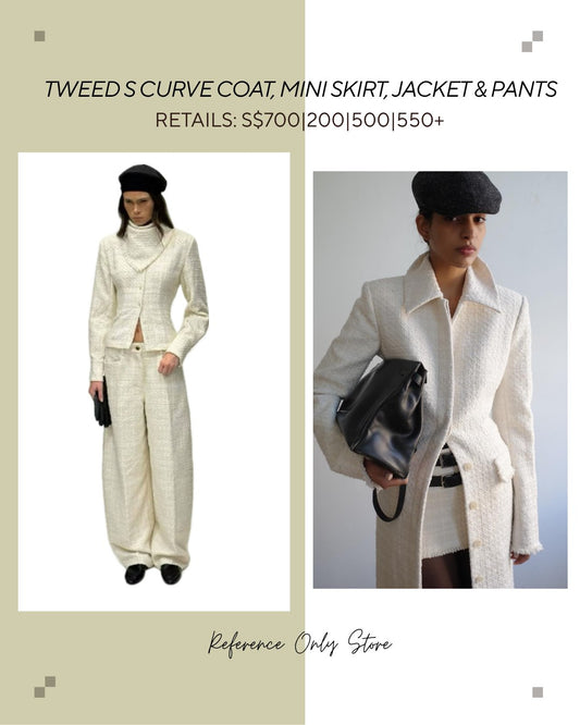 HS Tweed Curve coat, mini skirt , shorts, jacket and pants