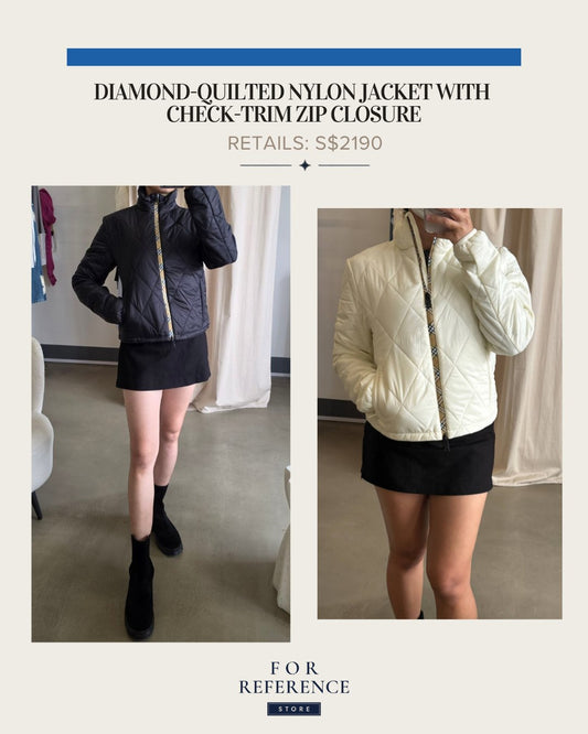Packable nylon diamond quilted check trim jacket in 2 colors