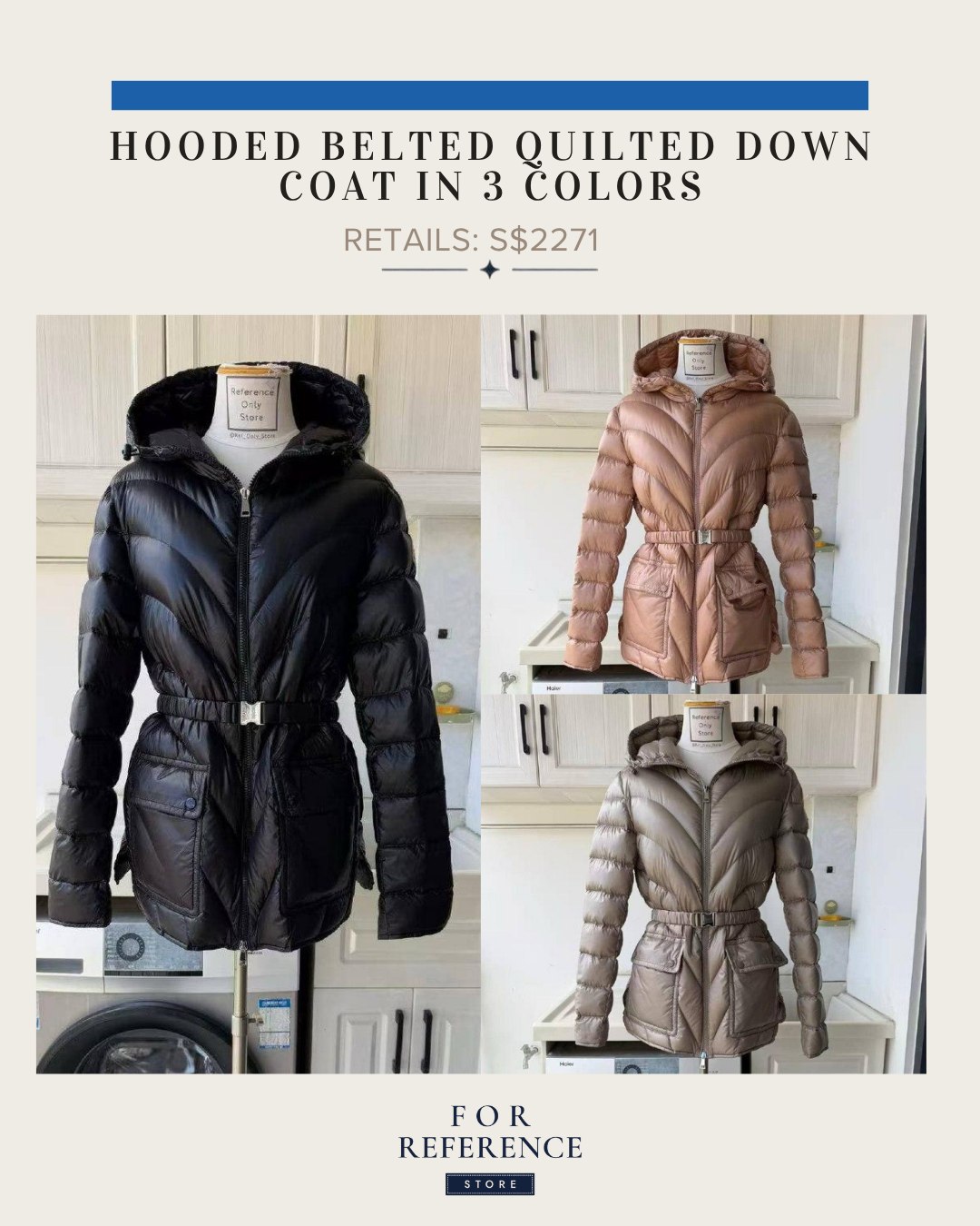 Women's Hooded Belted quilted down coat in 3 colors