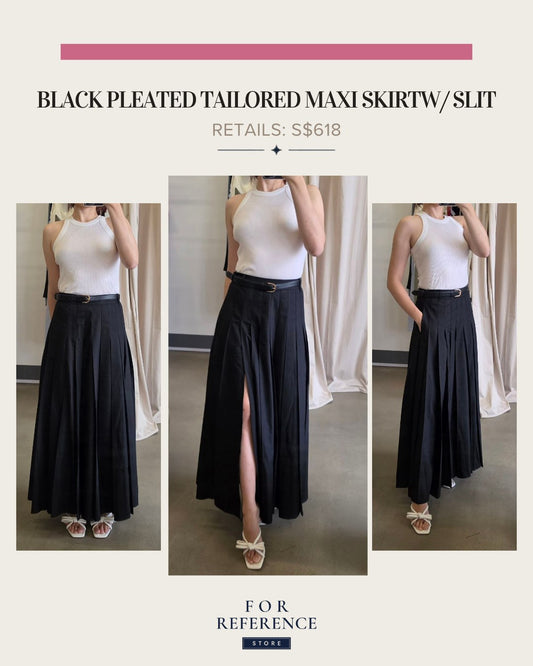 Black pleated twill maxi skirt