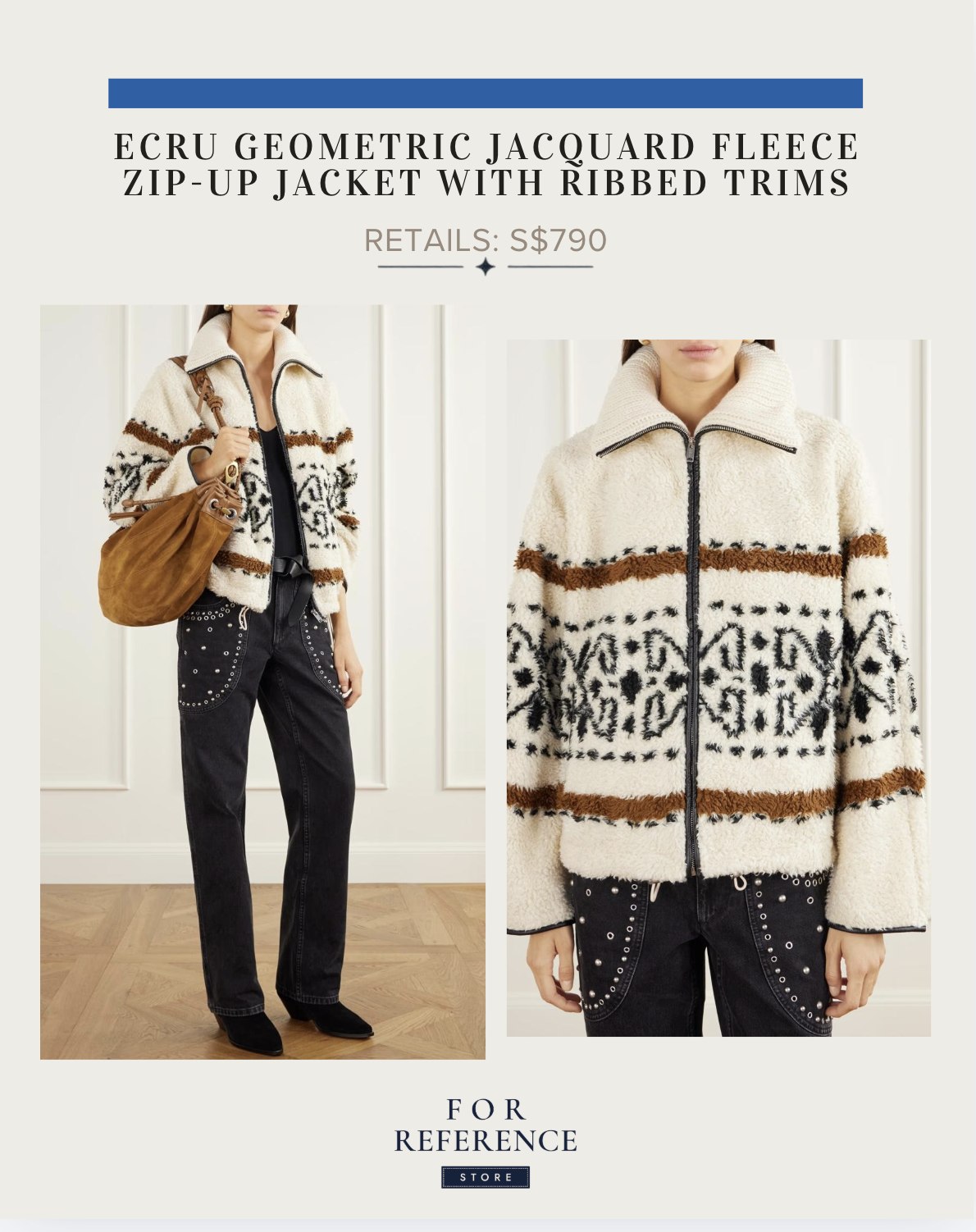 Ecru geometric jacquard fleece zip up jacket with ribbed trims