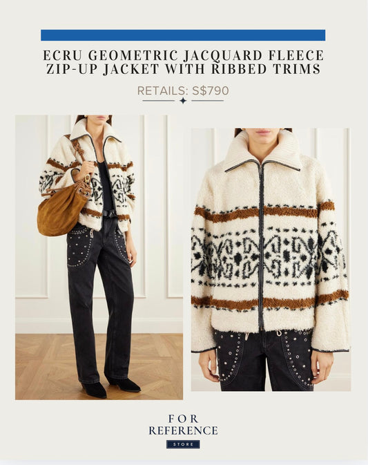 Ecru geometric jacquard fleece zip up jacket with ribbed trims