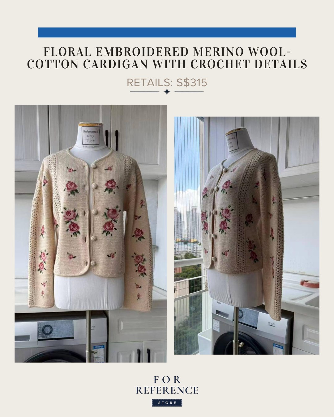 Floral embroidered merino wool cotton cardigan with crochet details