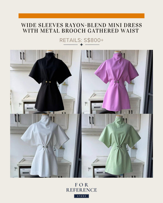 Wide sleeves rayon blend mini dress with metal brooch gathered waist