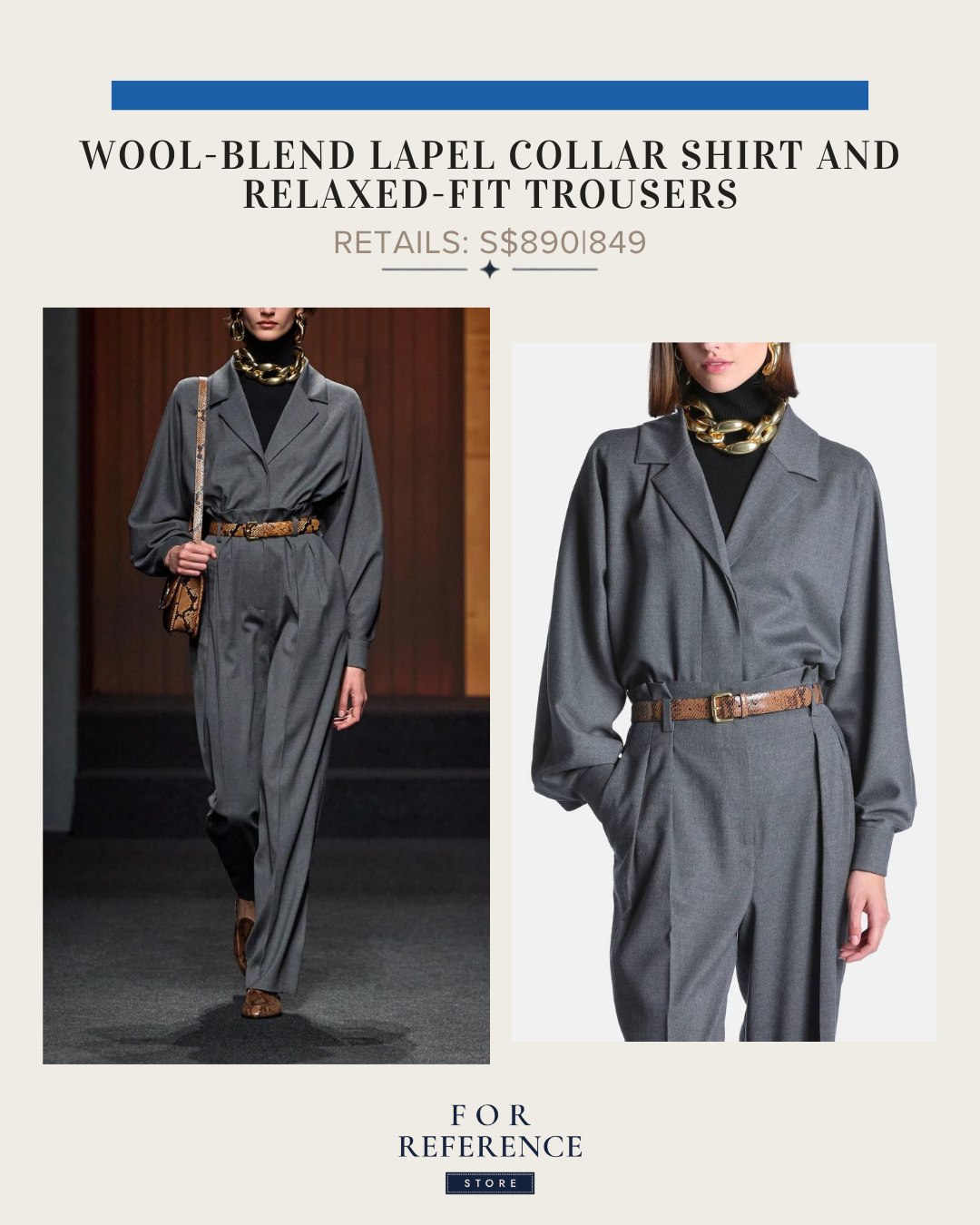 Wool blend lapel collar shirt and relaxed fit trousers