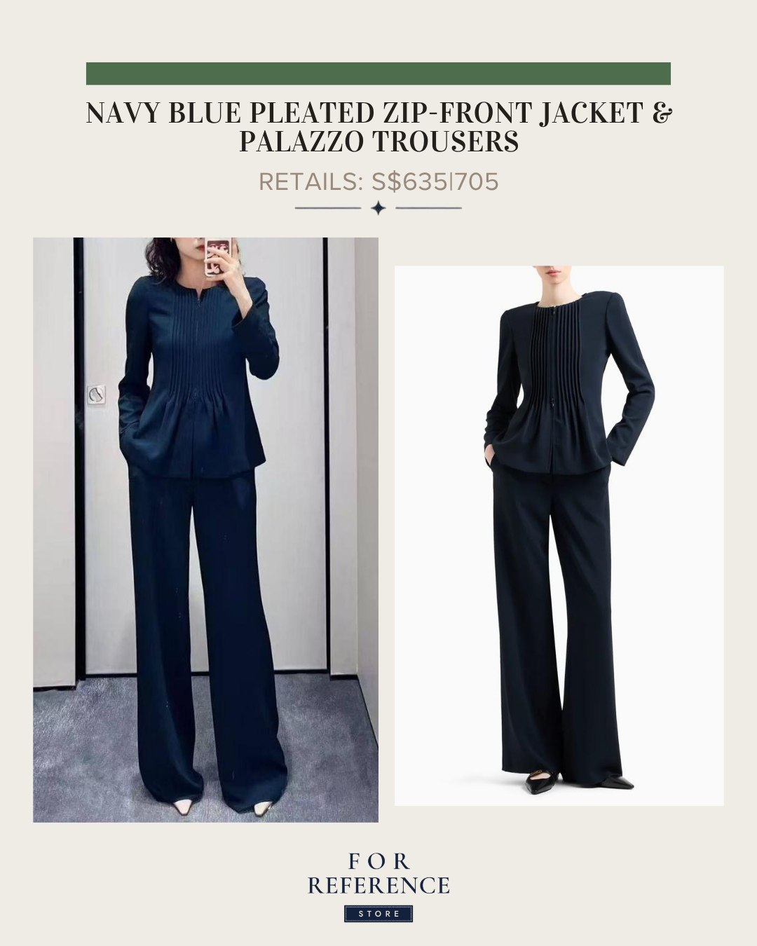 Navy Blue pleated zip front jacket and palazzo trousers