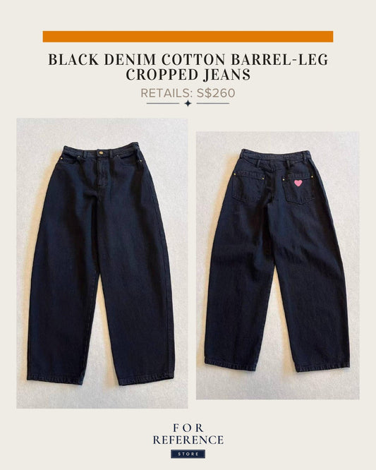 Women's Black denim cotton barrel leg cropped jeans