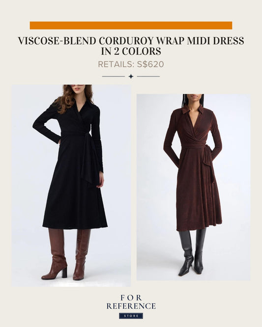 Viscose blend corduroy wrap midi dress in 2 colors