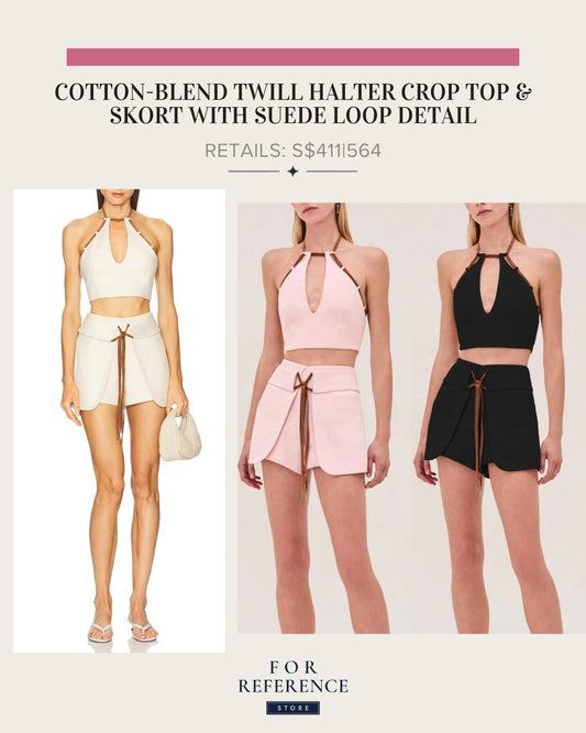 Cotton blend twill halter crop top and skort with suede loop detail
