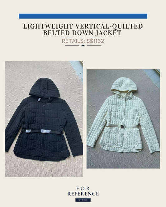 Lightweight vertical quilted belted down jacket