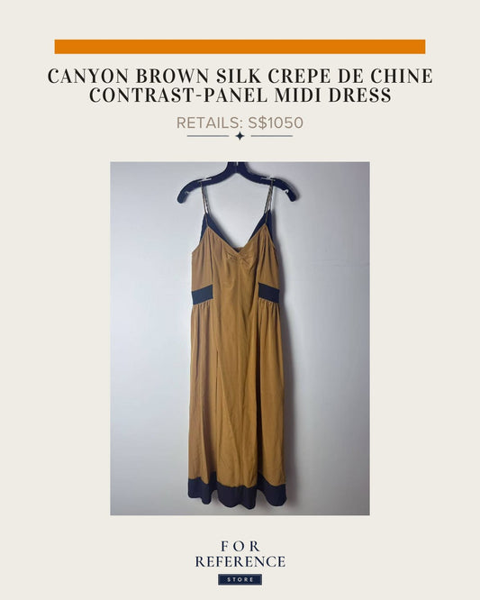 Canyon brown silk crepe de chine contrast panel midi dress