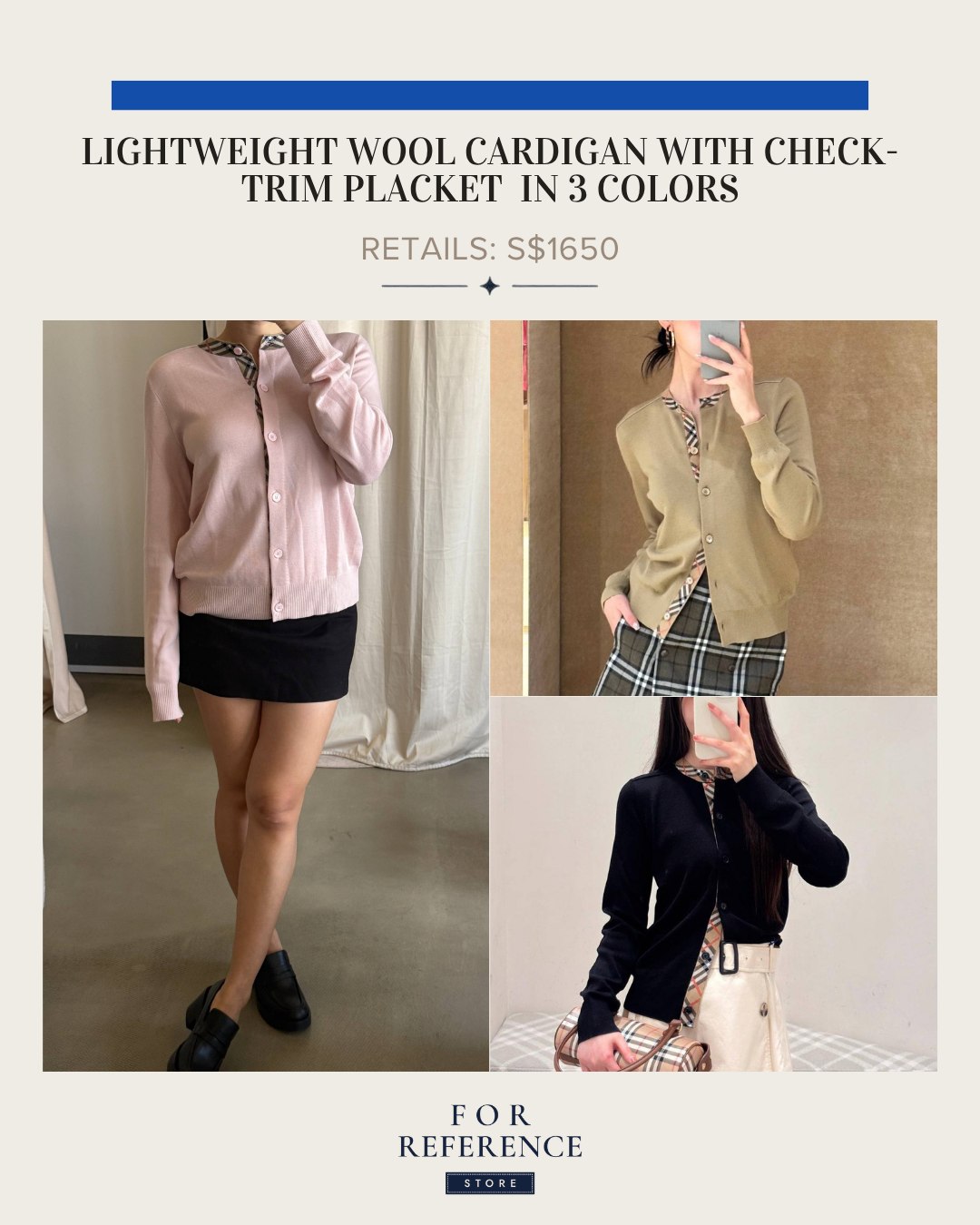 Lightweight wool cardigan with check trim placket in 3 colors