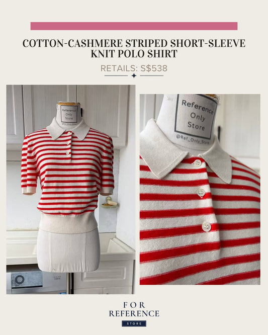 Cotton cashmere red and white striped short sleeve knit polo shirt