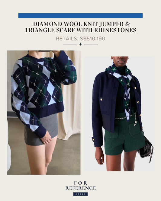 Diamond wool knit jumper in green blue navy and triangle scarf with rhinestones