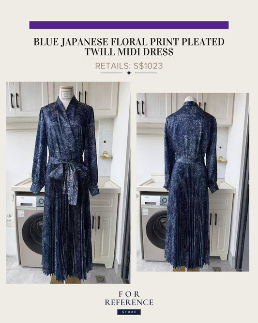 Blue japanese floral print pleated twill midi dress