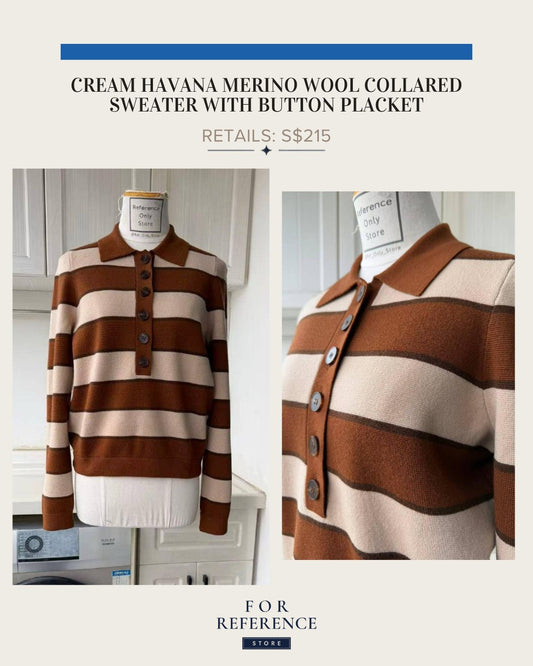 Cream chocolate striped  havana merino wool collared sweater with button placket