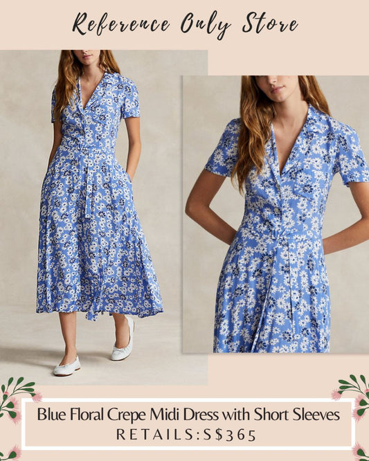 RL Blue floral crepe midi dress with short sleeves