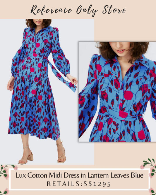 DVF Lux Cotton Midi Dress in lantern Leaves blue