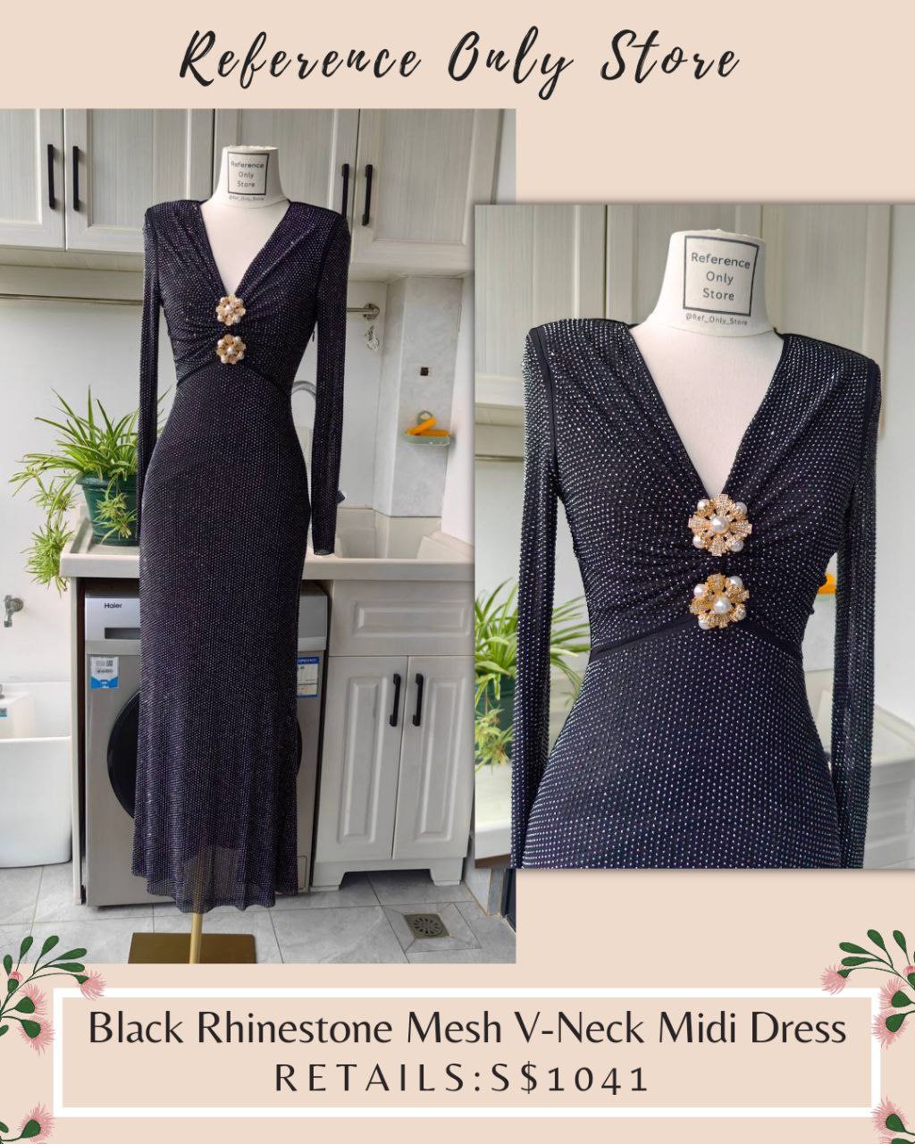 SP Black Rhinestone Mesh V Neck Midi Dress