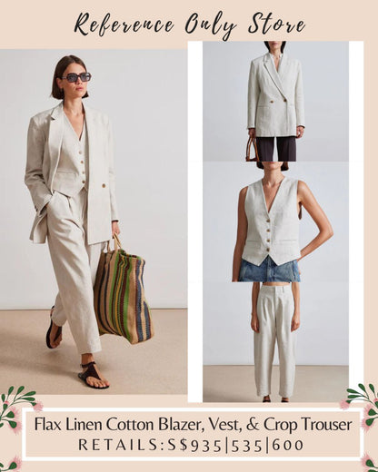 AA Flax Linen Cotton Blazer, Vest, Crop Trouser Pant