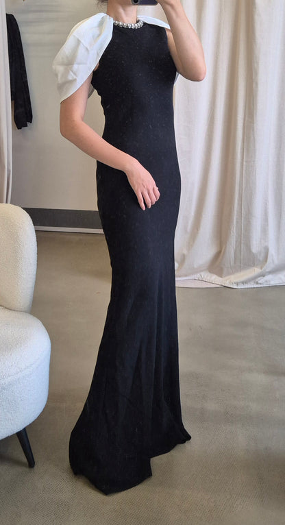 RM Gathered Shawl Crystal trim neckline maxi dress gown