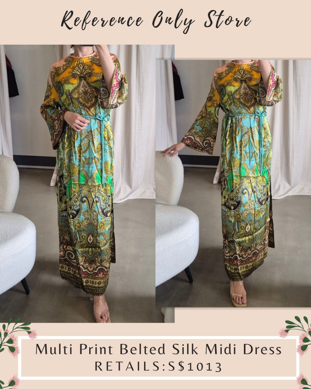 AM multi print belted silk midi dress