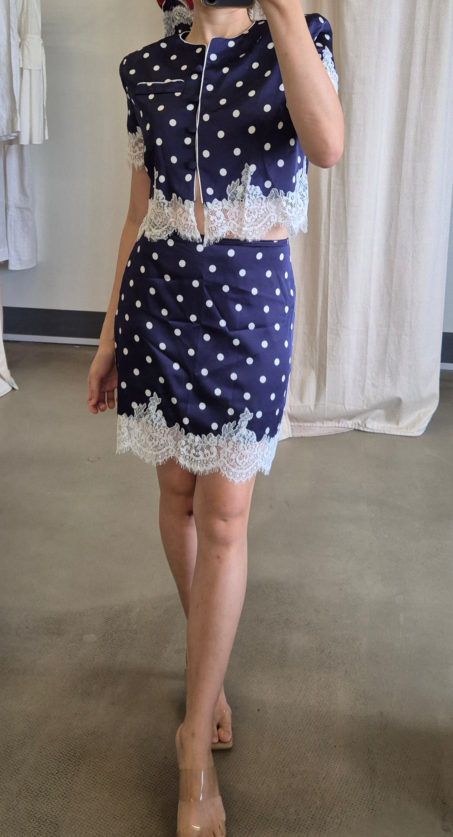 SP Dark Blue polka dot midi / mini skirt and crop top