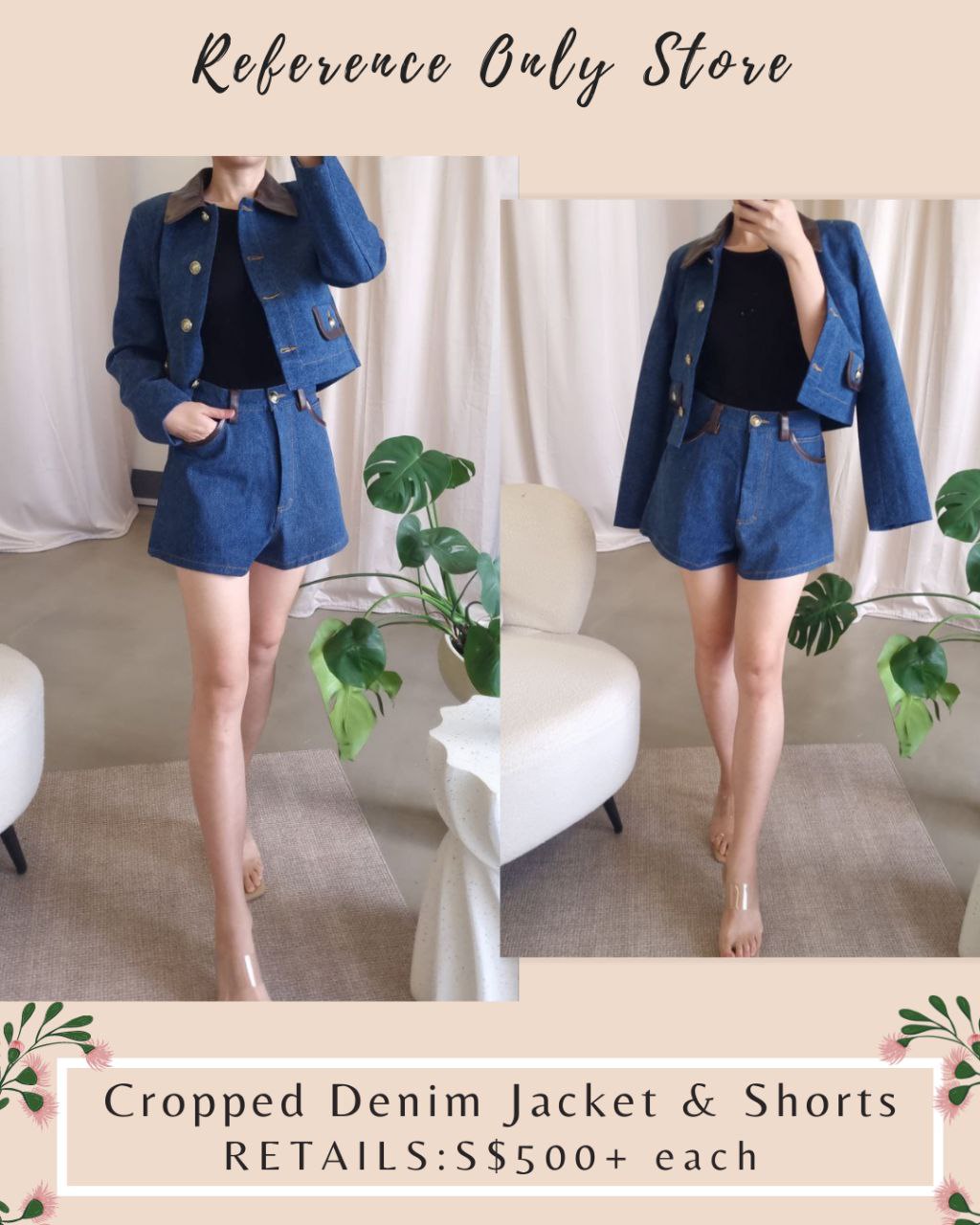 SD Denim cropped button down jacket with leather collar / shorts