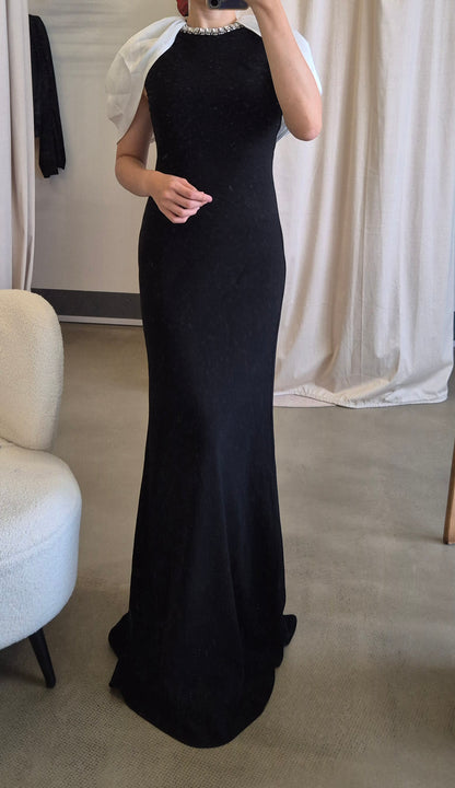 RM Gathered Shawl Crystal trim neckline maxi dress gown