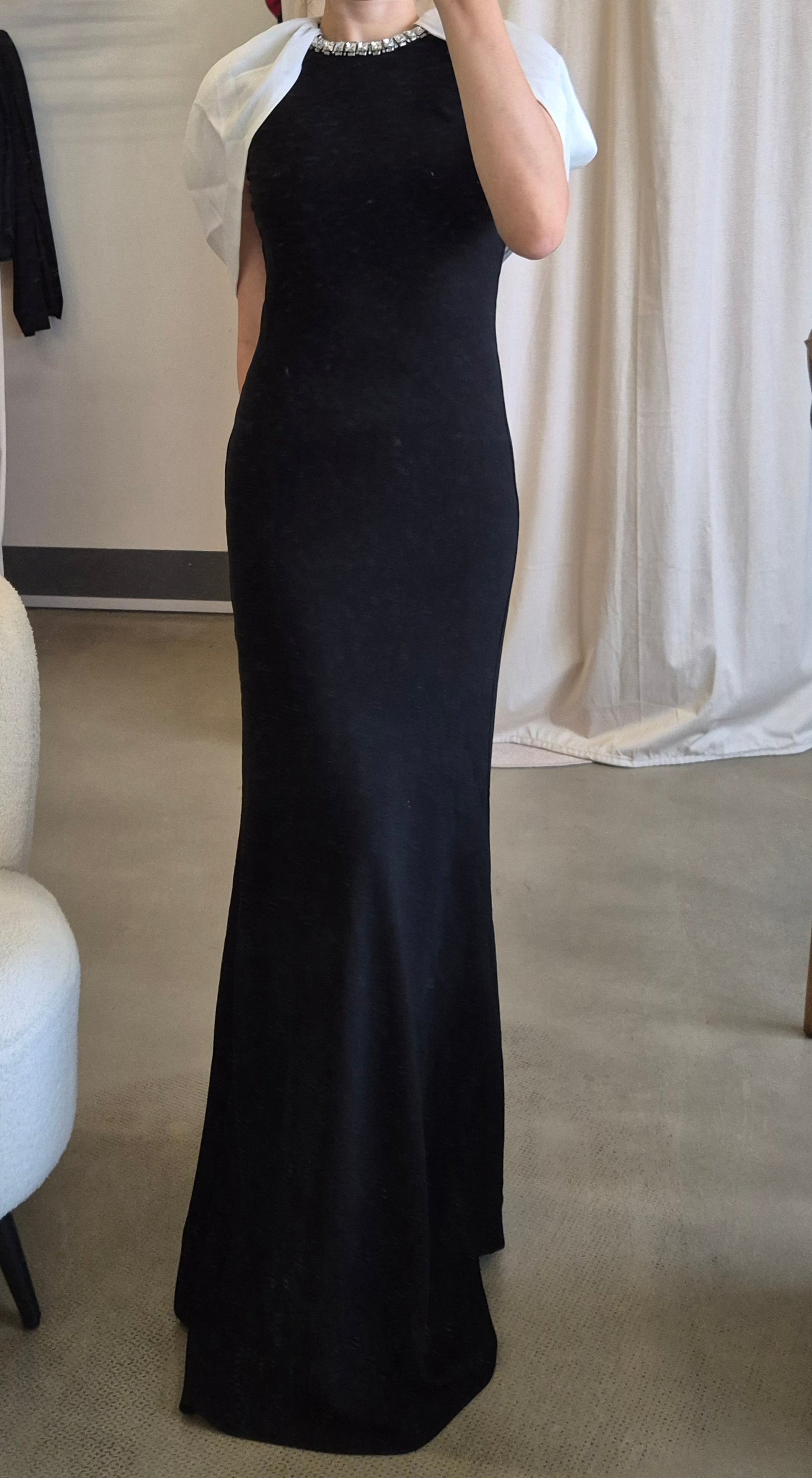 RM Gathered Shawl Crystal trim neckline maxi dress gown