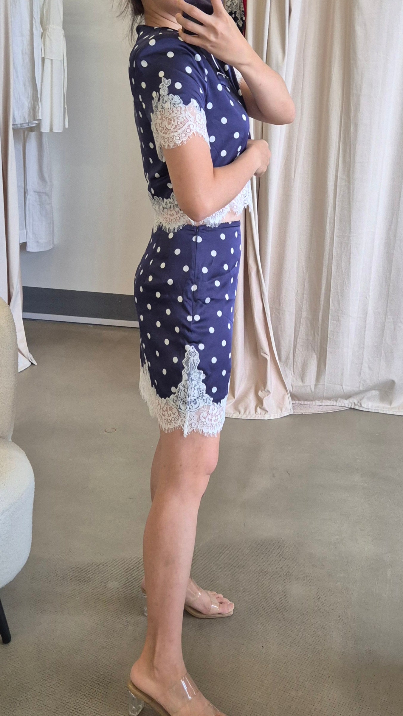 SP Dark Blue polka dot midi / mini skirt and crop top